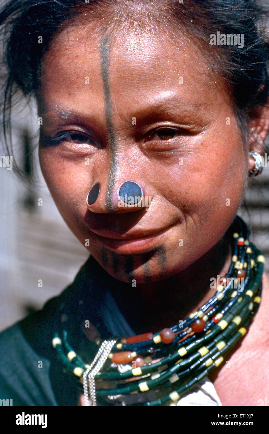 Woman Apatani tribe bamboo spiralled nose with ring Arunachal Pradesh India 1982 Stock Photo Alamy