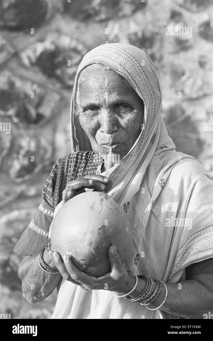 Village woman drinking tender coconut water on the outskirts of Pune ; Maharashtra ; India ; Asia ; old vintage 1900s Stock Photo