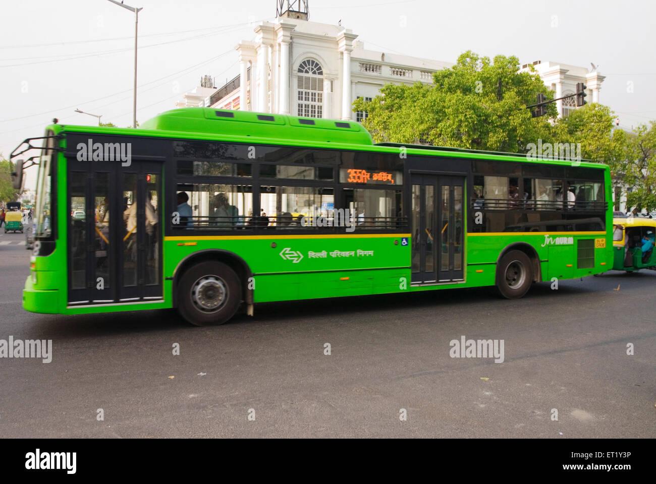 DTC bus; Delhi Transport Corporation bus; Delhi bus; Connaught Place; CP; Connaught Circus; Rajiv Chowk; Delhi; New Delhi; India; Asia Stock Photo