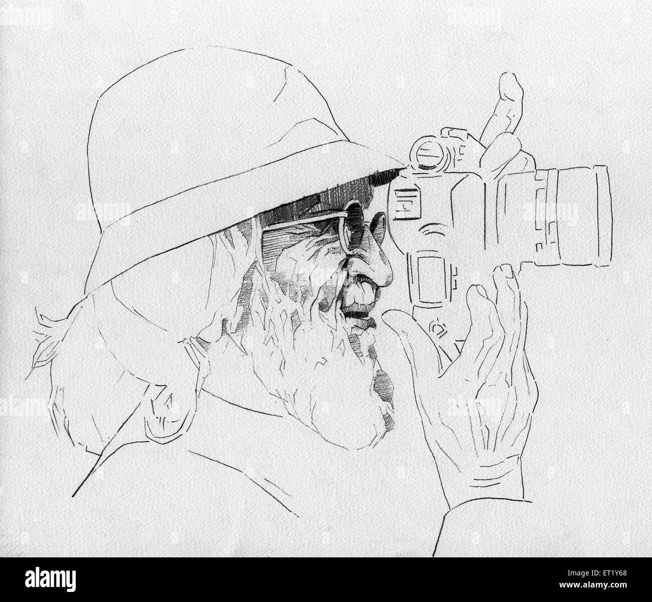 illustration of M F Hussain taking photographs India Asia Stock Photo