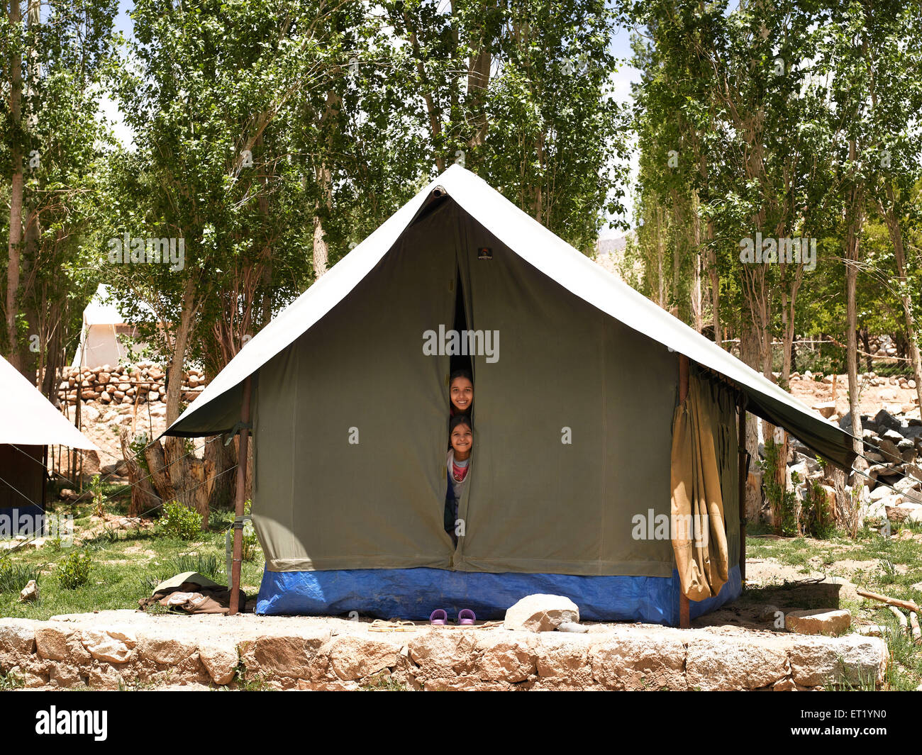 Girls Tented Campsite At Tingmosgang; Ladakh; Kashmir; India; Asia MR#477 Stock Photo