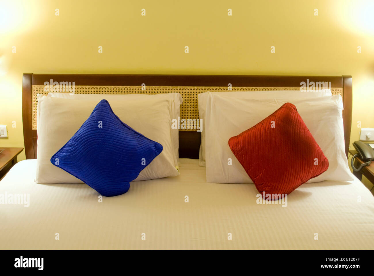 red white blue cushions pillows, Madikeri, Mercara, Coorg, Mangalore, Mangaluru, Karnataka, India, Asia Stock Photo