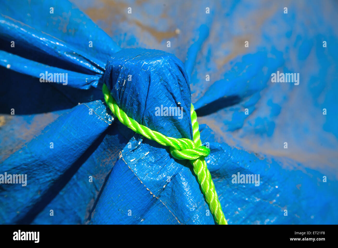 Nylon green thread on blue plastic Stock Photo