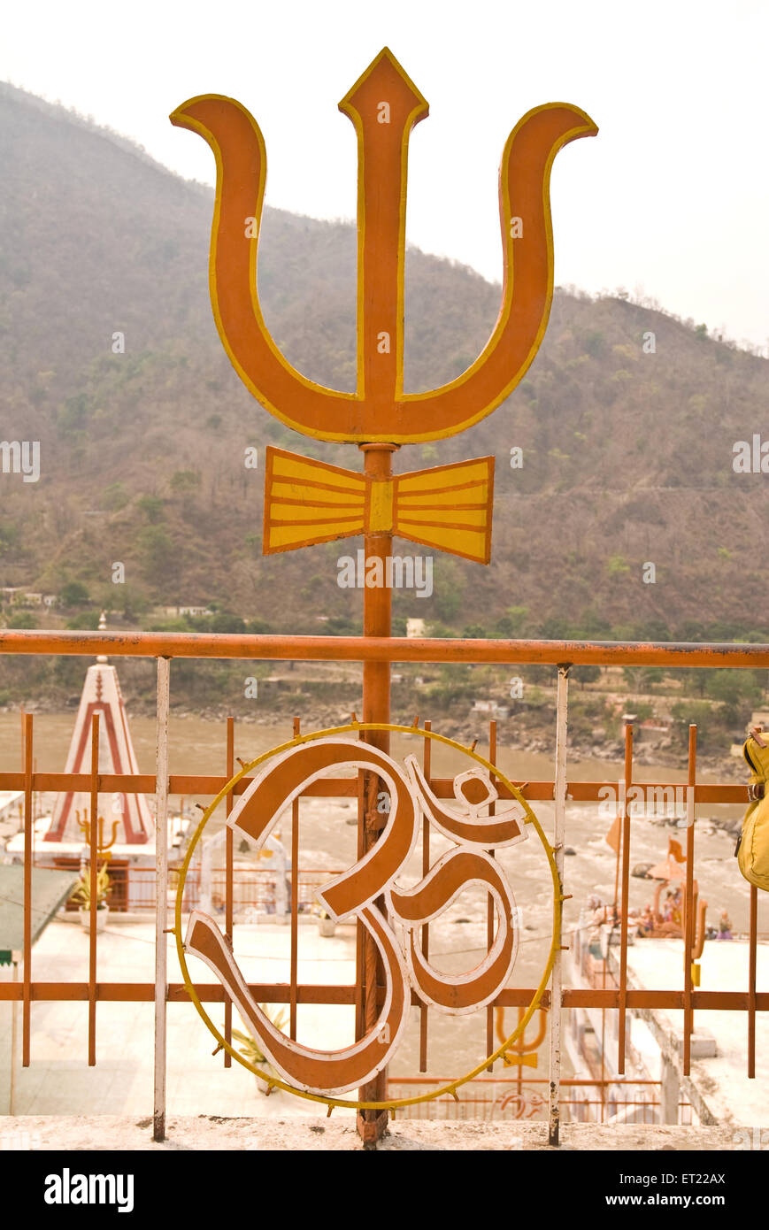 Trishul Om symbols ; hindu temple ; Rishikesh ; Uttaranchal ; Uttarakhand ; India ; Asia Stock Photo