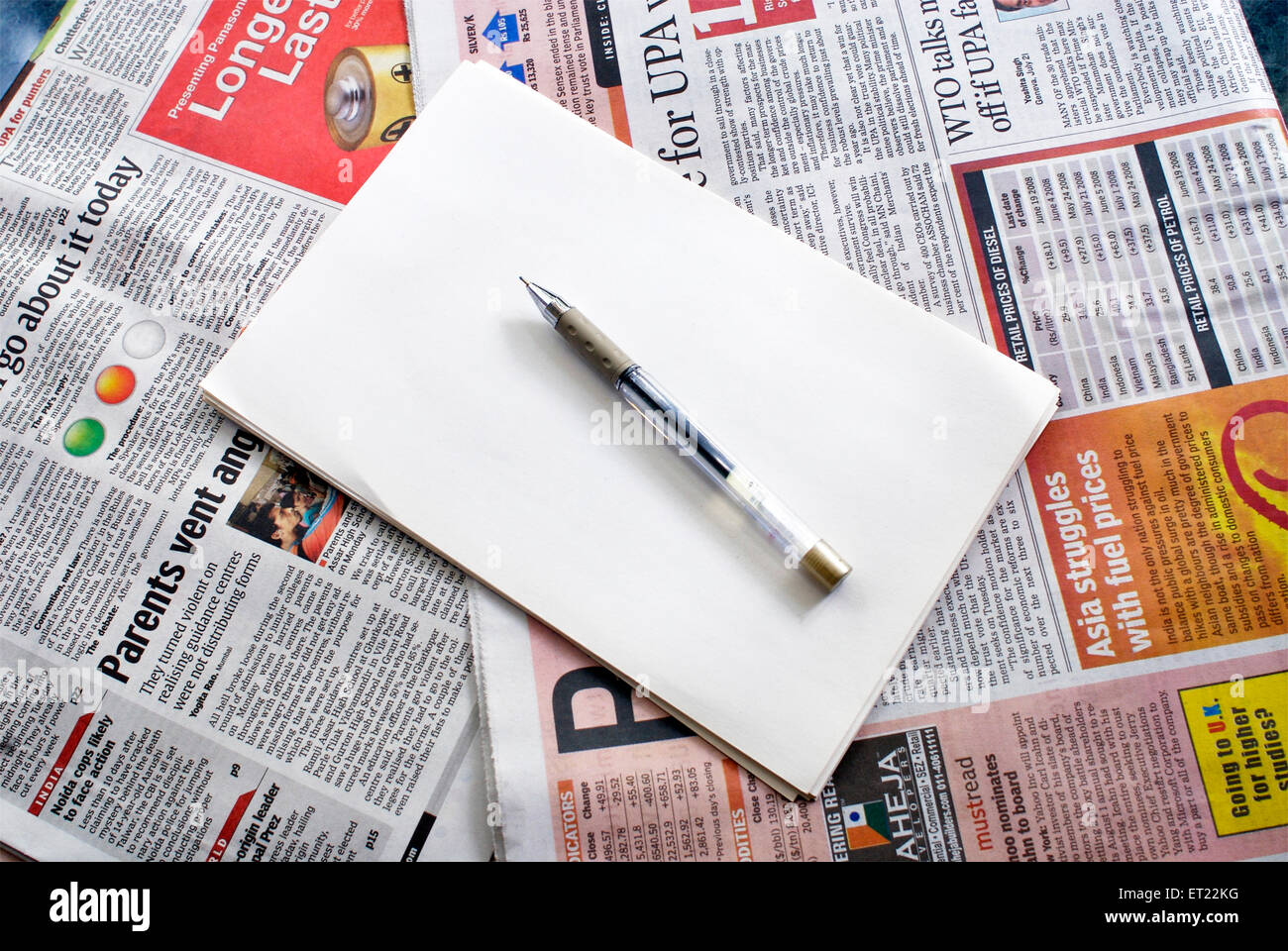 blank paper and pen on newspaper ; Mulund ; Bombay ;  Mumbai ; Maharashtra ; India ; Asia Stock Photo