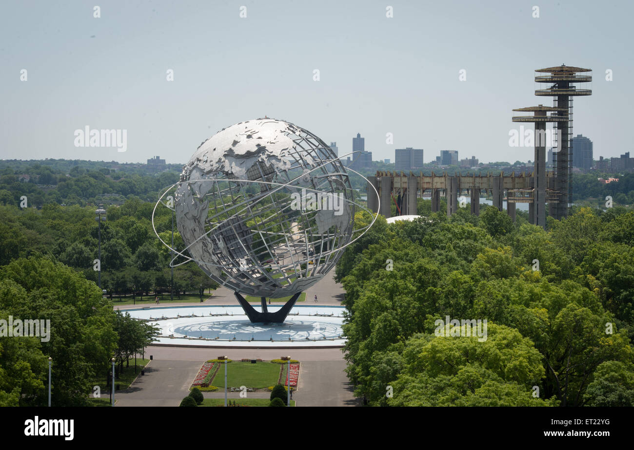 Flushing Meadows, New York, USA. 10th June, 2015. The World's Fair Sphere as The United States Tennis Association (USTA) hosts the placement of the final piece of steel in the superstructure that will support the retractable roof over Arthur Ashe Stadium, Wednesday, June 10 2015. Credit:  Bryan Smith/ZUMA Wire/Alamy Live News Stock Photo