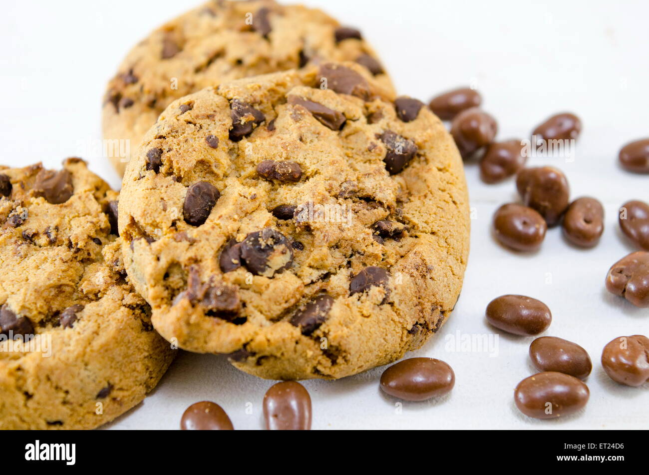 Chocolate chip cookies on white background with chocolate balls Stock Photo