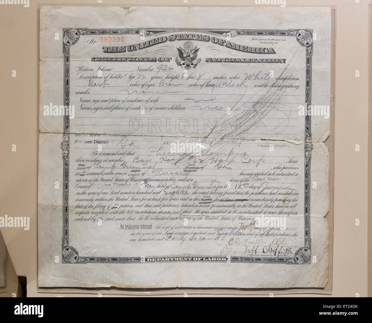 Vintage Certificate of Naturalization, circa 1930s - USA Stock Photo