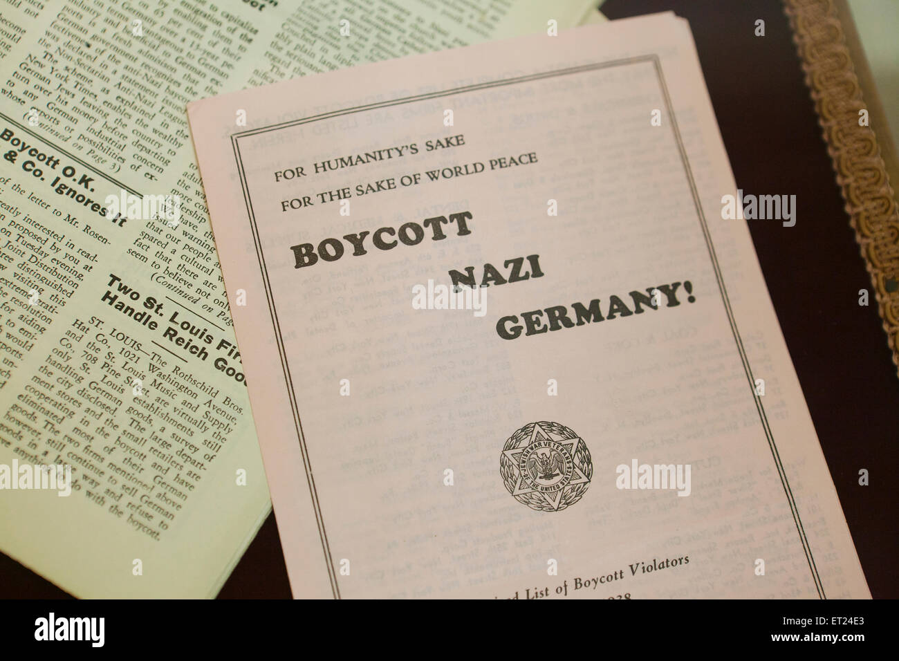 Leaflet from Anti-Nazi Boycott Committee, Jewish War Veterans of the USA, circa 1936 Stock Photo