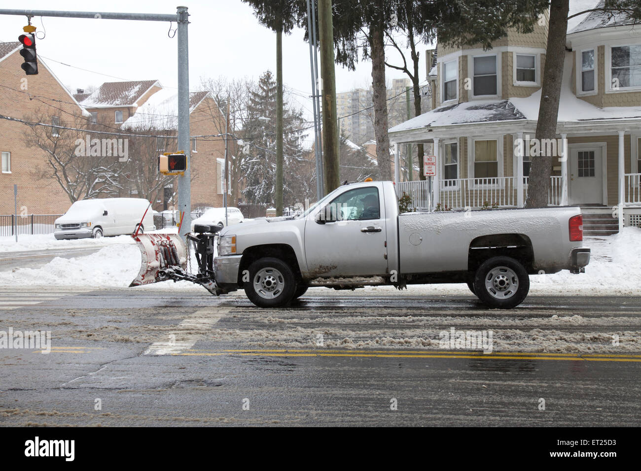 Snow removal clearing roads in Connecticut, Winter storm Stock Photo