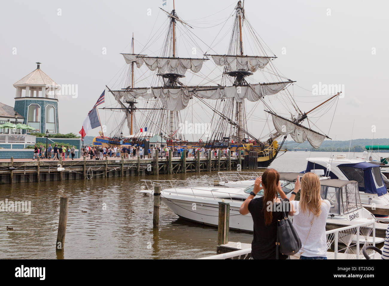 French Tall Ship Hermione docked at Alexandria, Virginia in reenactment of Marquis de Lafayette's historic voyage of 1780. Stock Photo