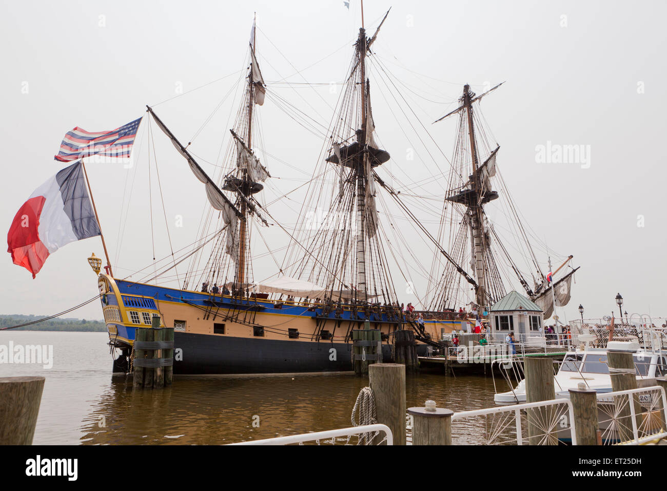 French Tall Ship Hermione docked at Alexandria, Virginia in reenactment of Marquis de Lafayette's historic voyage of 1780. Stock Photo