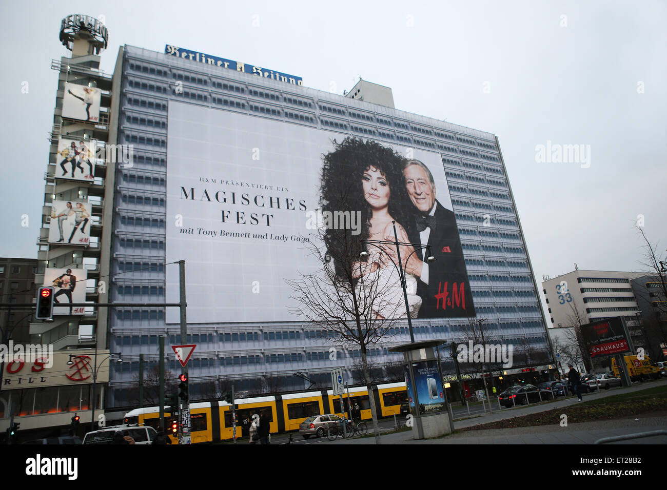 A giant billboard of Lady Gaga and Tony Bennett advertising Swedish fashion  retailer H&M covering Berliner Verlag building at Alexanderplatz in Mitte.  Featuring: Atmosphere Where: Berlin, Germany When: 06 Dec 2014 Credit: