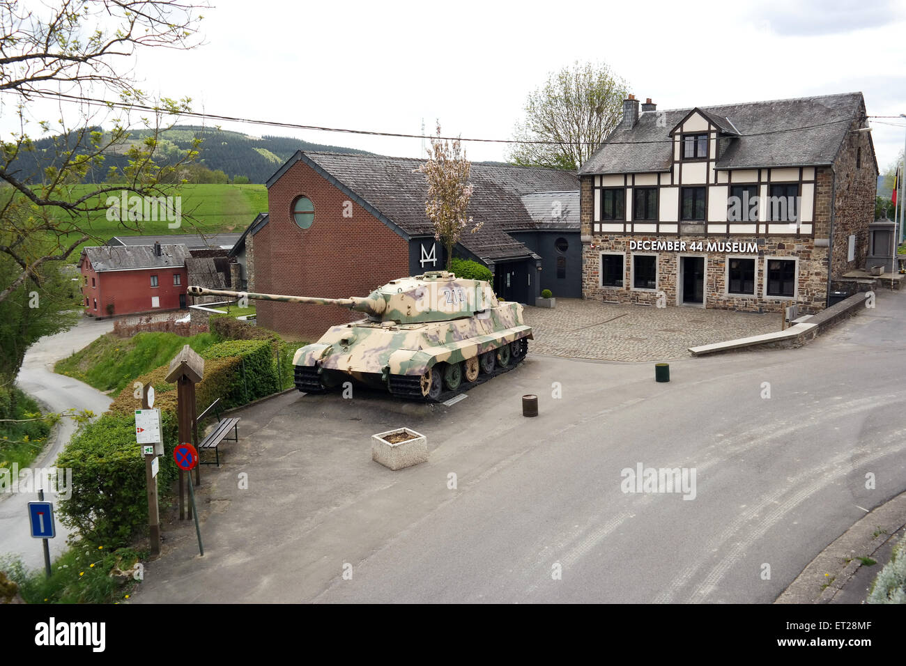 Tank in front of December 44 museum in La Gleize, Reminder of wwII Battle of the Bulge. Stock Photo