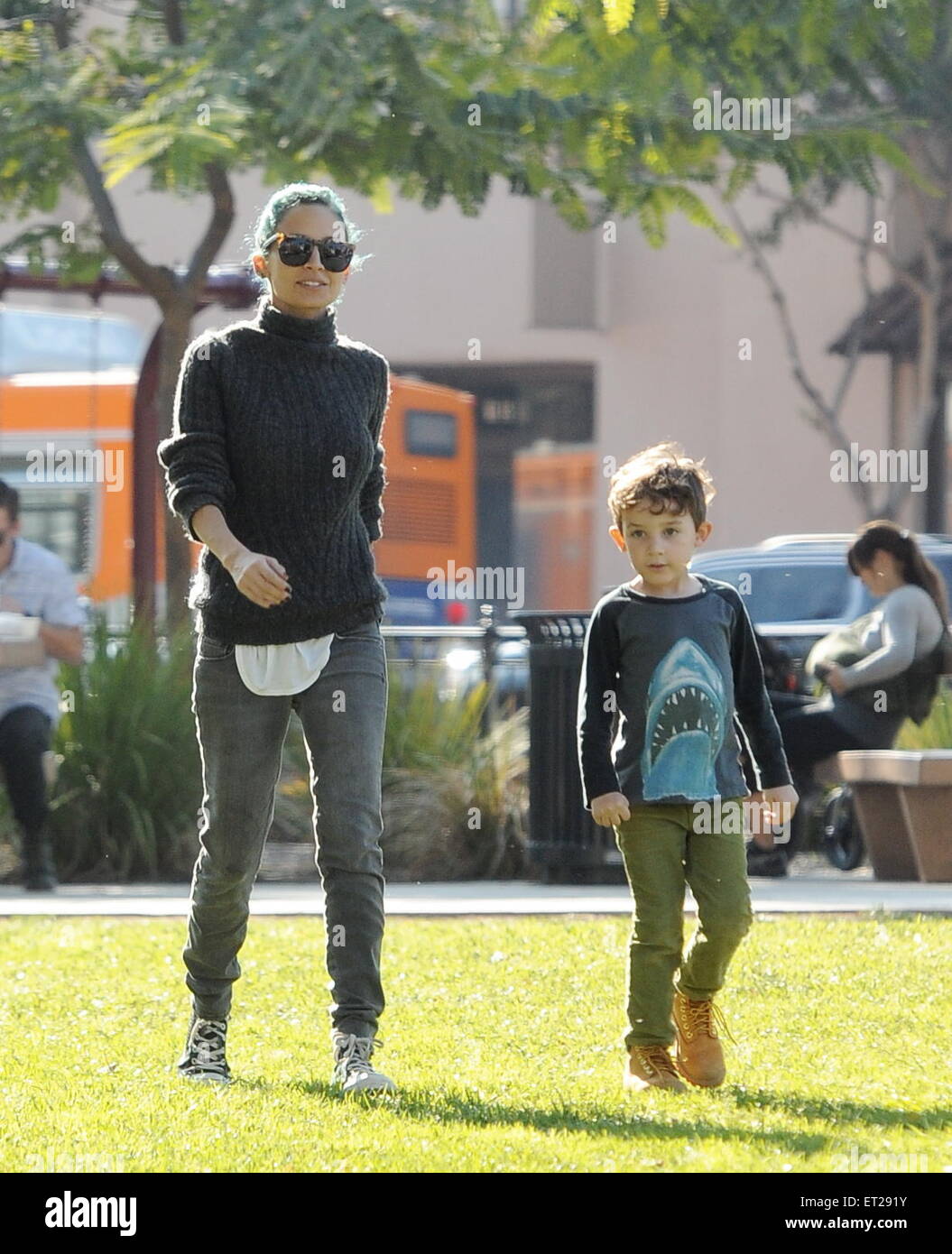 Nicole Richie and Joel Madden take their children Harlow and Sparrow to a  park in Pasadena, California. Whilst Richie took a walk with the family's  German Shepard, Joel visited a store across, image size:1055x1390
