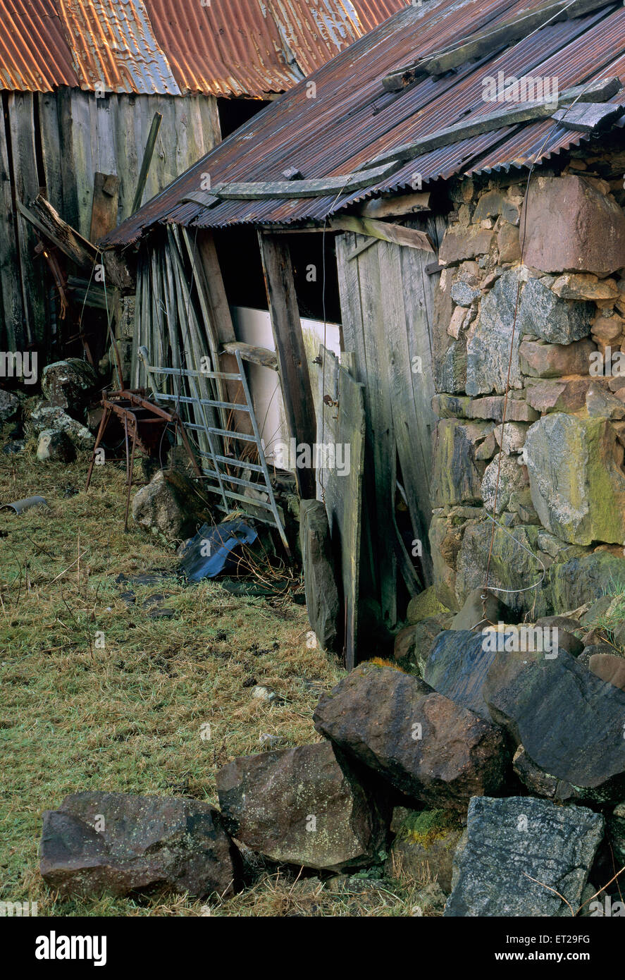 Old crumbling farm buildings and cottage near Laide Bay, Gairloch