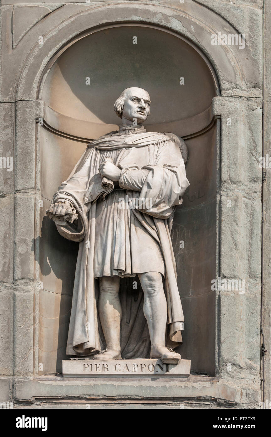 Statue of Pier Capponi in Uffizi gallery, seen in Lungarno degli Archibusieri street. Florence, Italy. Stock Photo