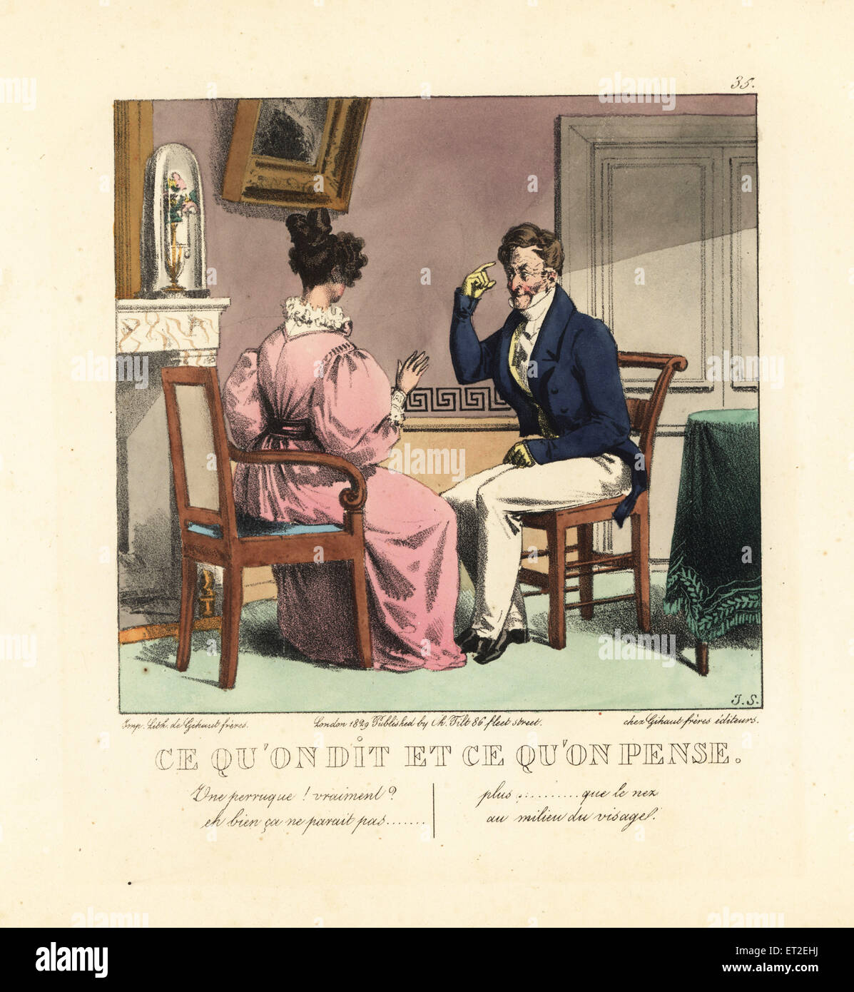 Lady and gentleman wearing a wig in a parlor, 19th century. She says, A wig? Really, I never guessed... She thinks, It's as plain as the nose on your face. Stock Photo