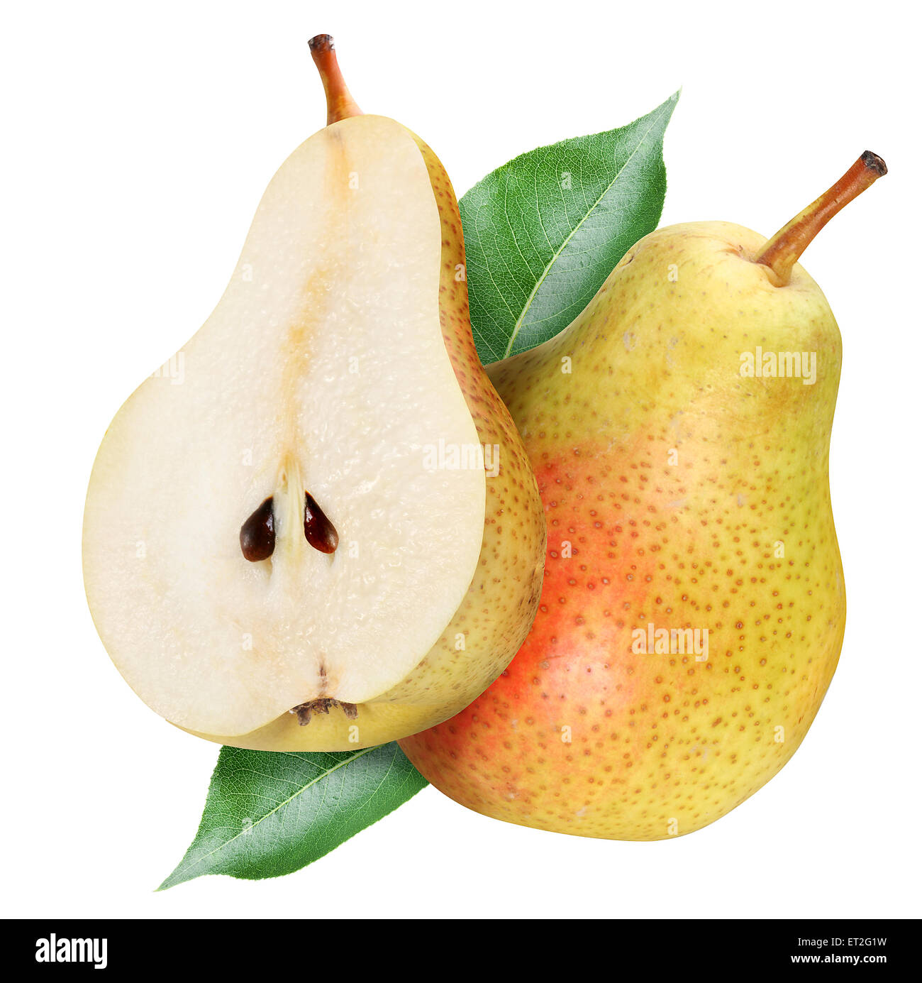 Ripe pears with leaves. File contains clipping paths. Stock Photo