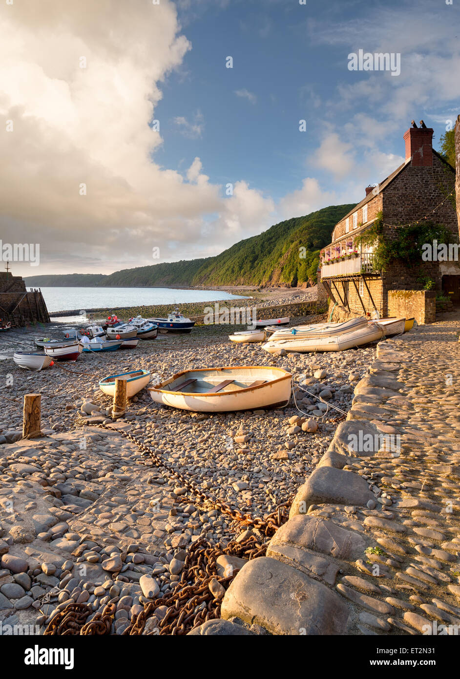 Fishing boats in the harbour at Clovelly on the north coast of Devon Stock Photo