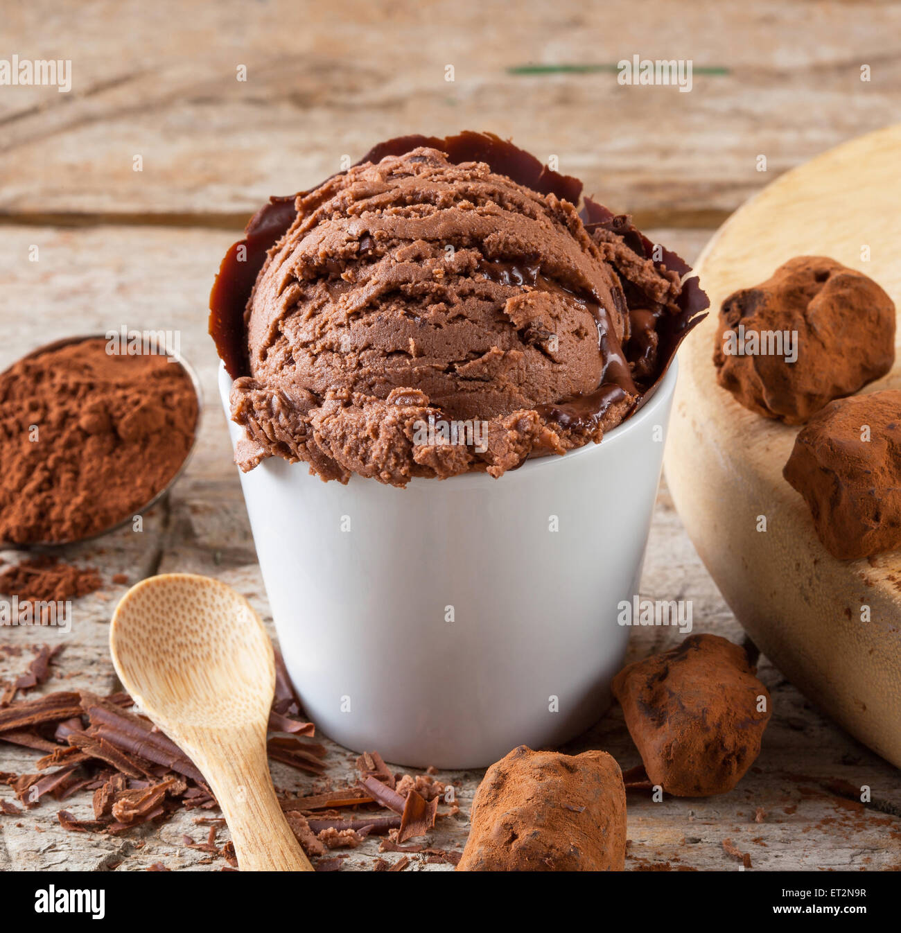 A scoop of home made chocolate ice cream. Stock Photo