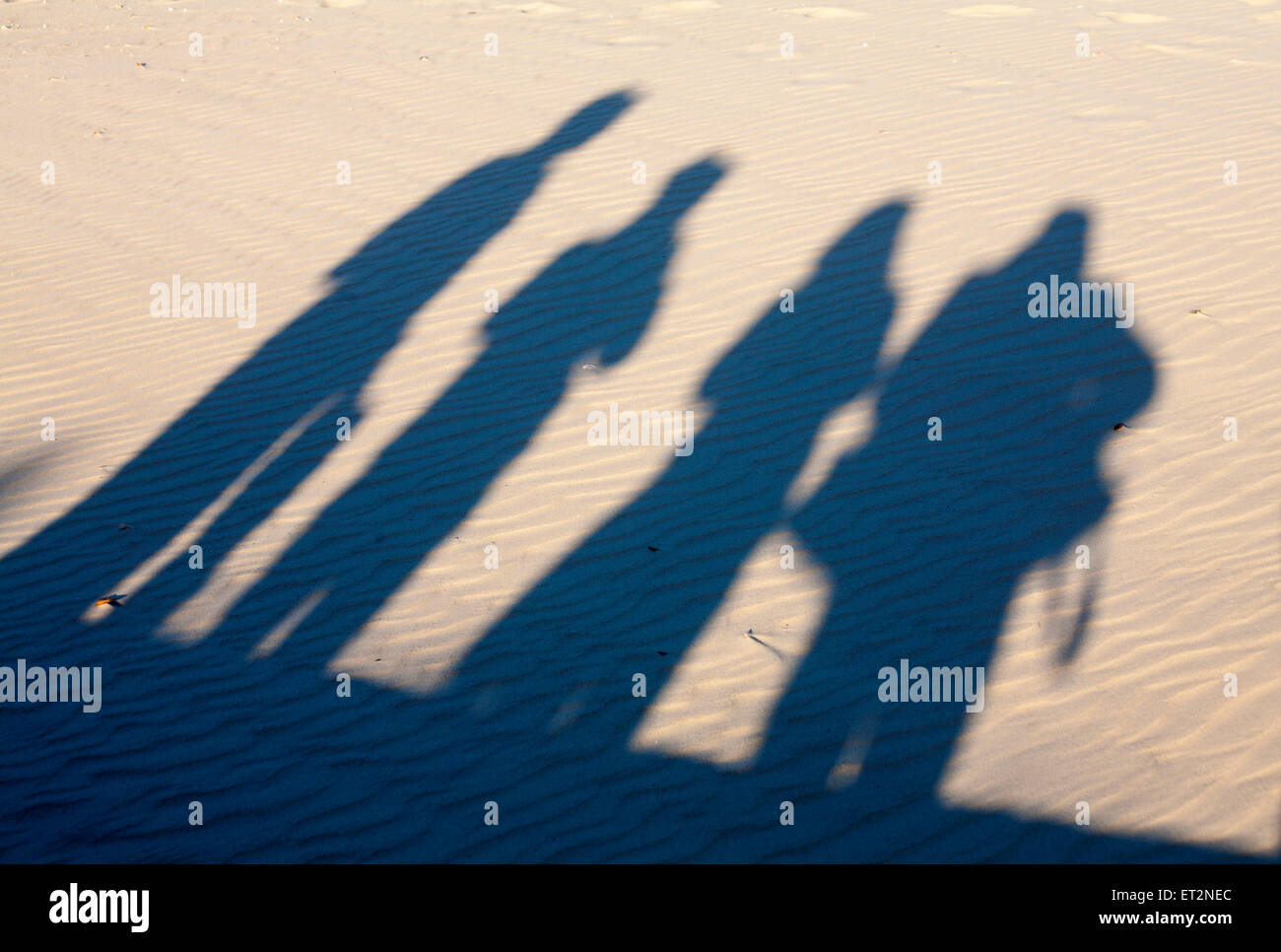 Shadows on the beach - shadows of people against the sand at Sandbanks beach, Poole in June Stock Photo