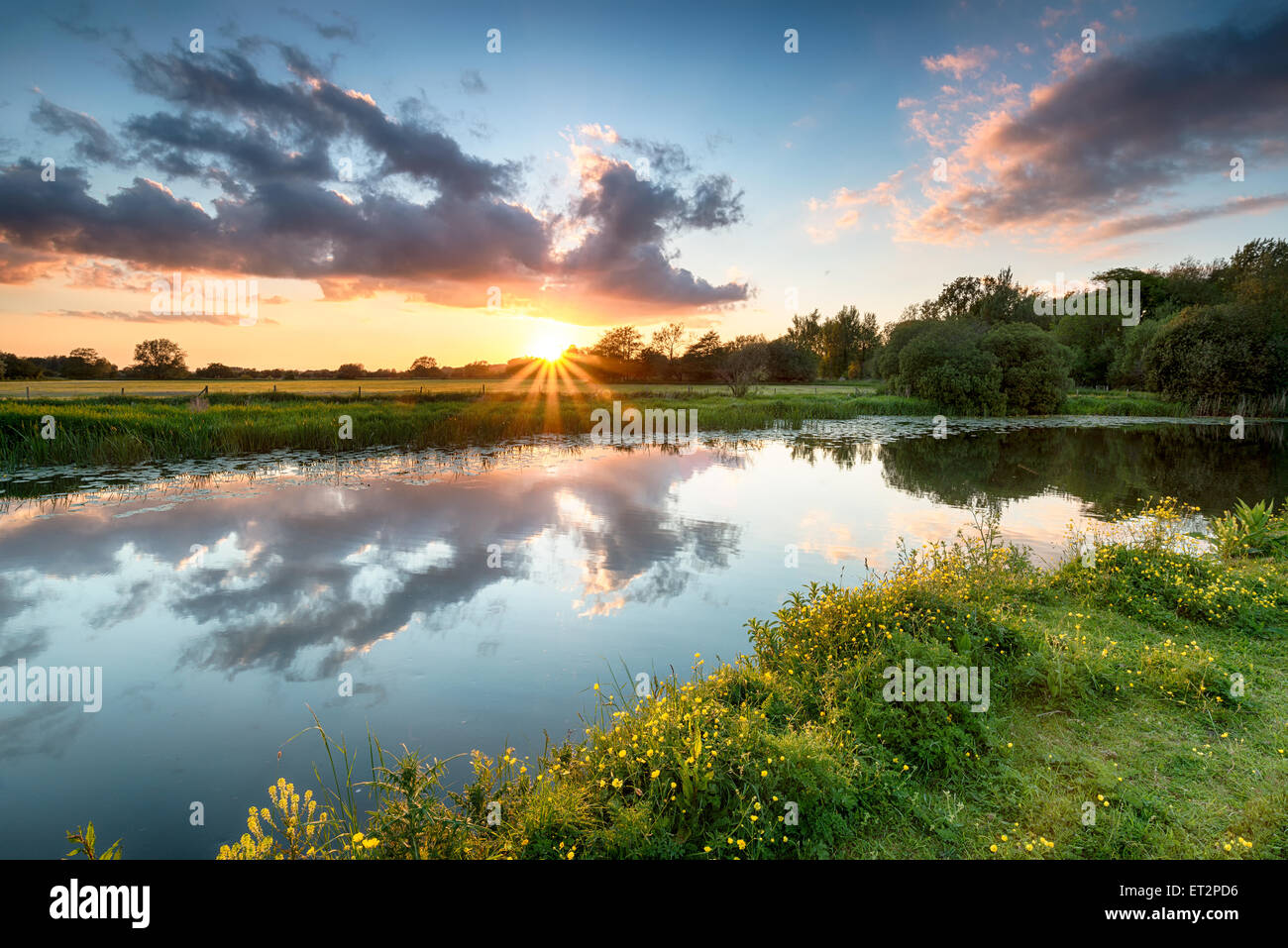 Stunning sunset over the river Stour at Wimborne Minster in Dorset