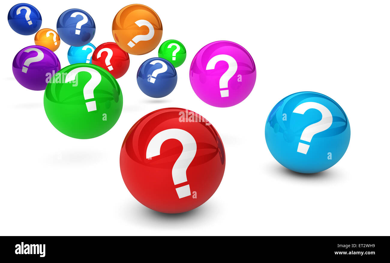 Question mark symbol and sign on colorful bouncing glossy spheres 3d