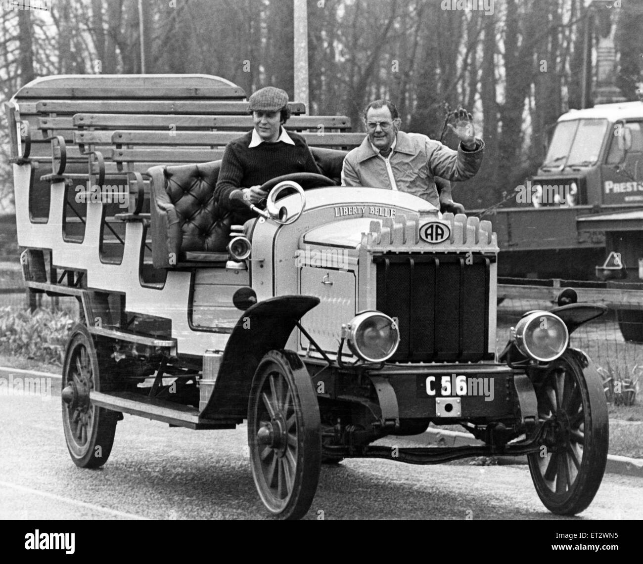 Vintage coach , a 1912 Charabanc which starred in the film Chariots of Fire, is owned by hauliers R Preston and Son, is the star of the show in the North Yorkshire village of Potto, near Stokesley. Behind the wheel, Graham Murray (l) and Fred Stockdale, 3 Stock Photo