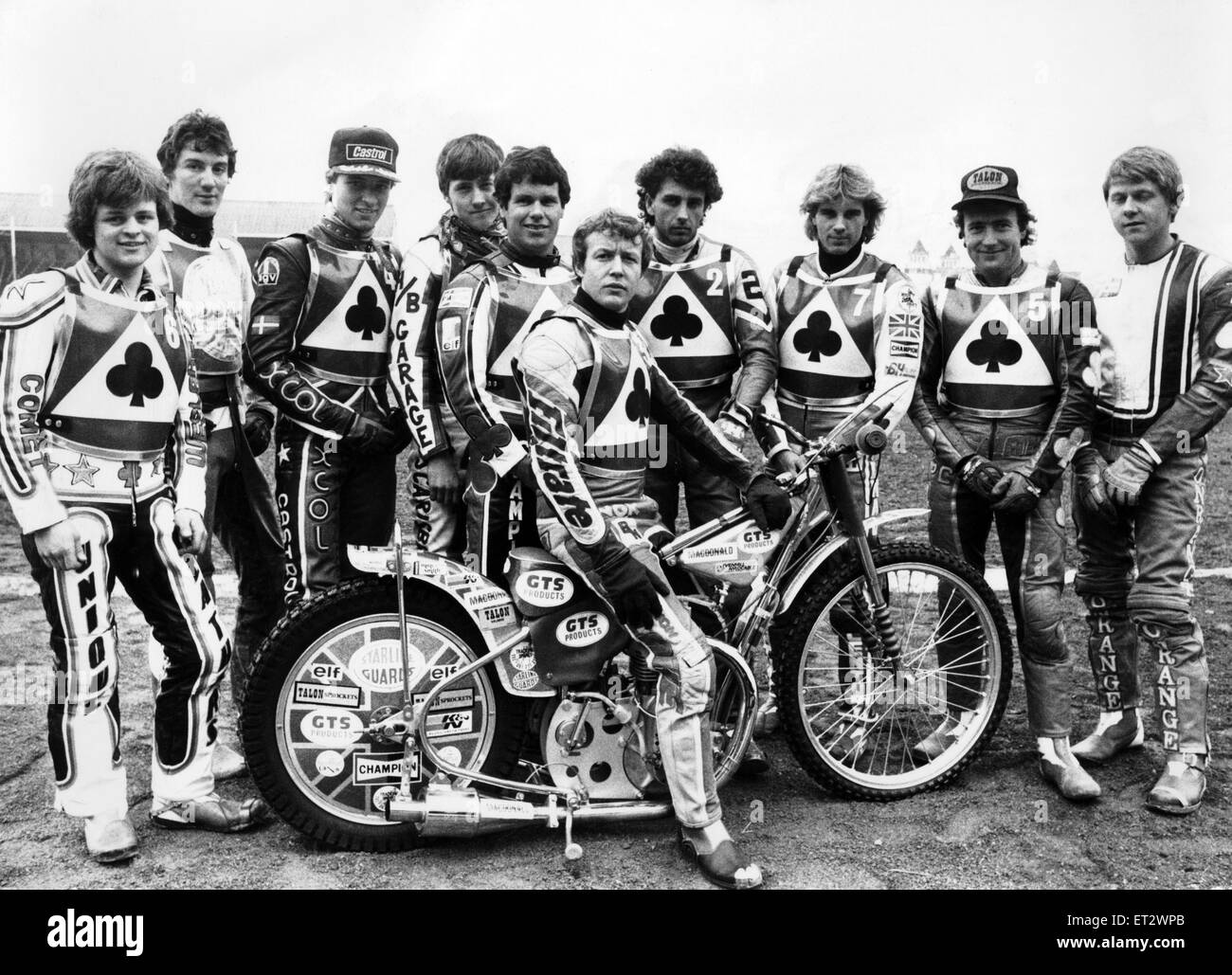 Belle Vue's senior speedway squad (left to right) Andy Smith, Kenny McKinna, Peter Ravn, Martin Scarisbrick, Larry Ross, skipper Chris Morton (on machine), Louis Carr, Peter Carr, Peter Collins and Dave Bargh. 13th March 1983. Stock Photo