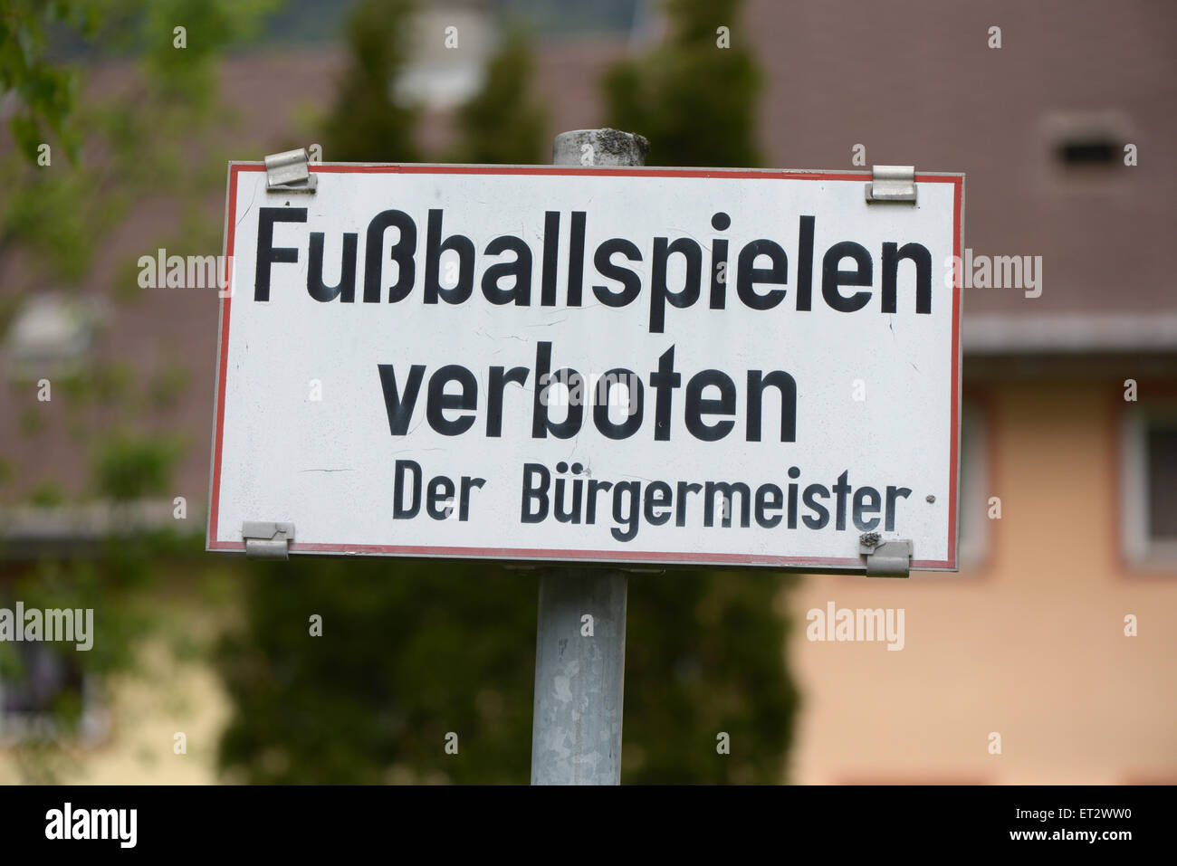 Radenthein, Austria, sign: playing football banned Stock Photo
