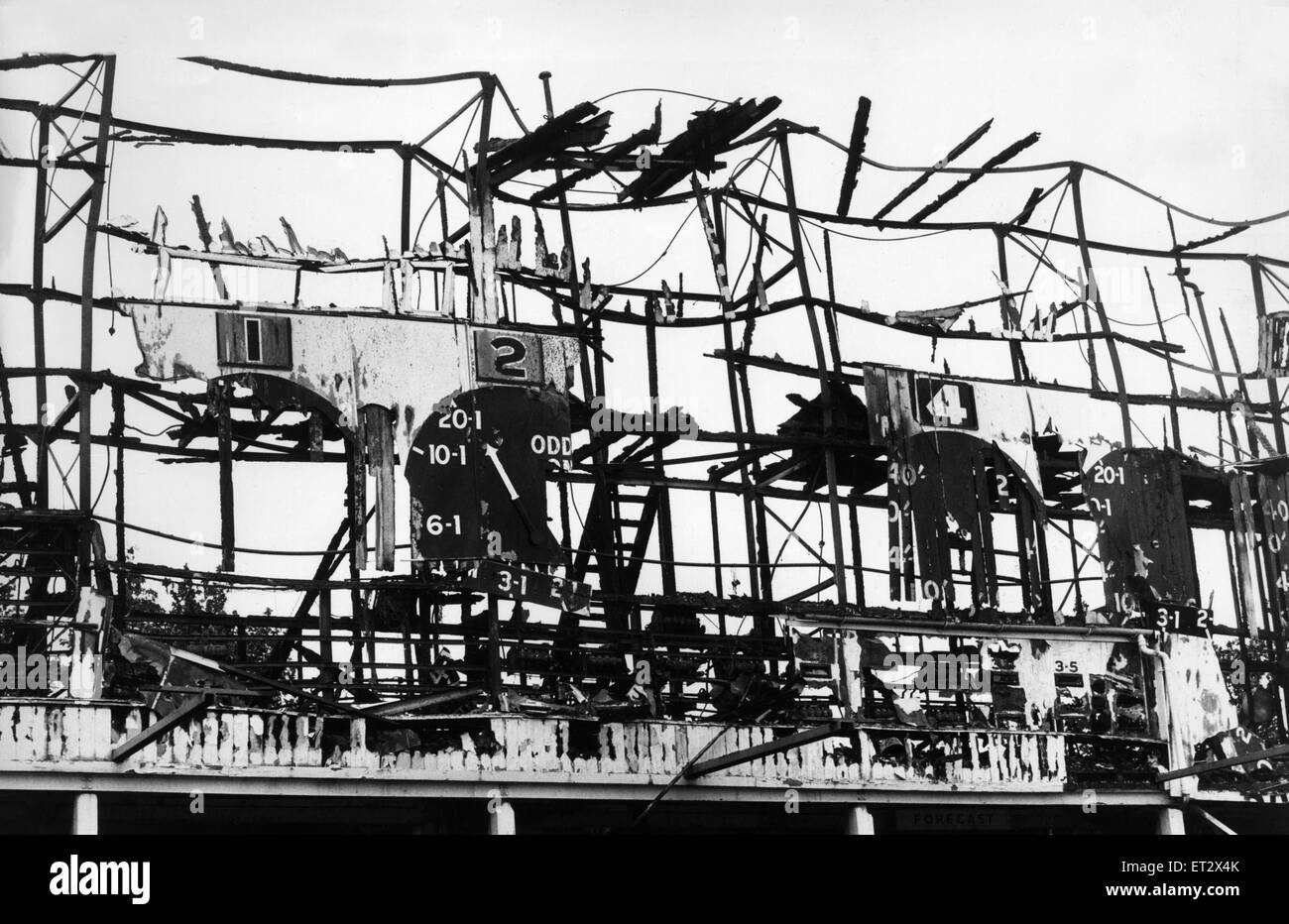 The burnt out Tote board at Belle Vue race track, Manchester following a fire. July 1980. Stock Photo