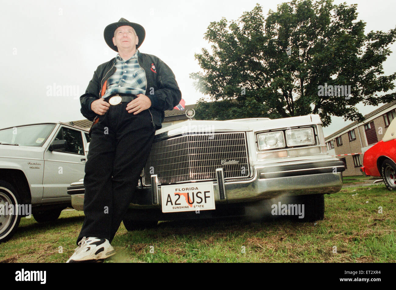 Car & Motorbike show at South Thornaby Community Centre, 11th June 1998. Brian Lowrie of Heighton with his white Cadillac. Stock Photo