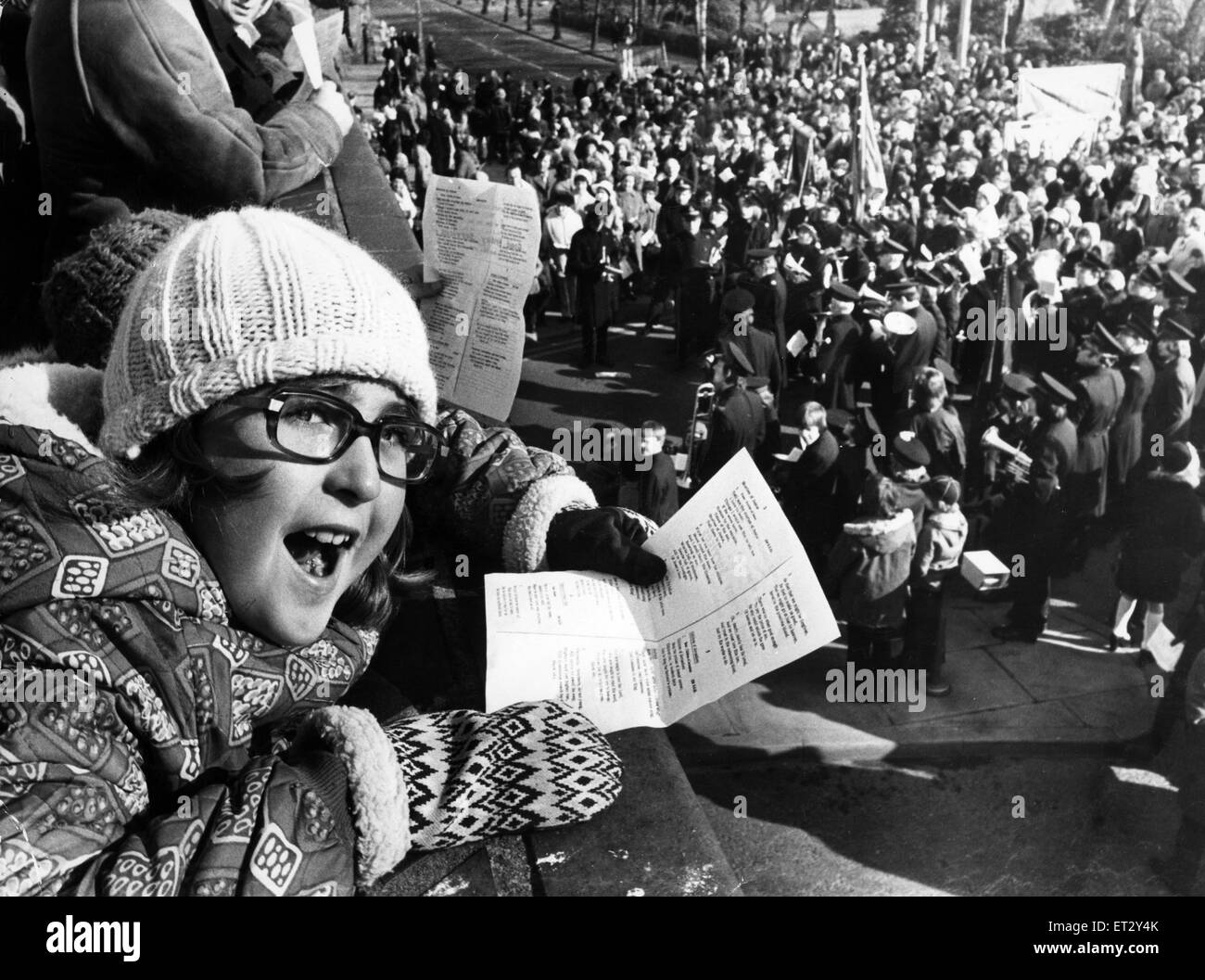 Young Jill Gallant, joins in the singing at Sunderland's Good Friday Service, 28th March 1975. Stock Photo