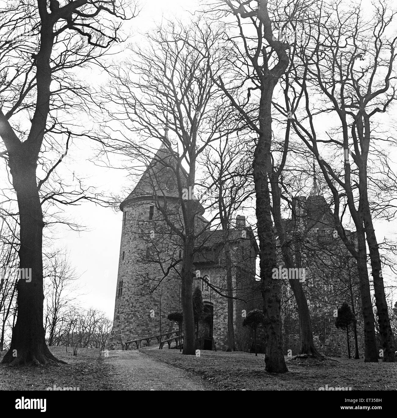 Castell Coch is a 19th-century Gothic Revival castle. It is situated on a steep hillside high above the village of Tongwynlais, to the north of Cardiff, Wales. 1st March 1954 Stock Photo