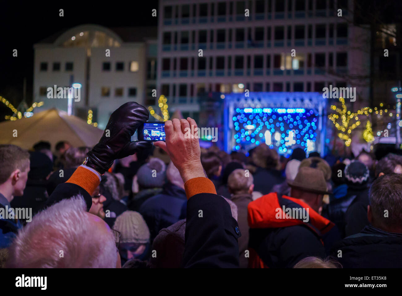 People downtown for an outdoor concert at Christmas time, Reykjavik