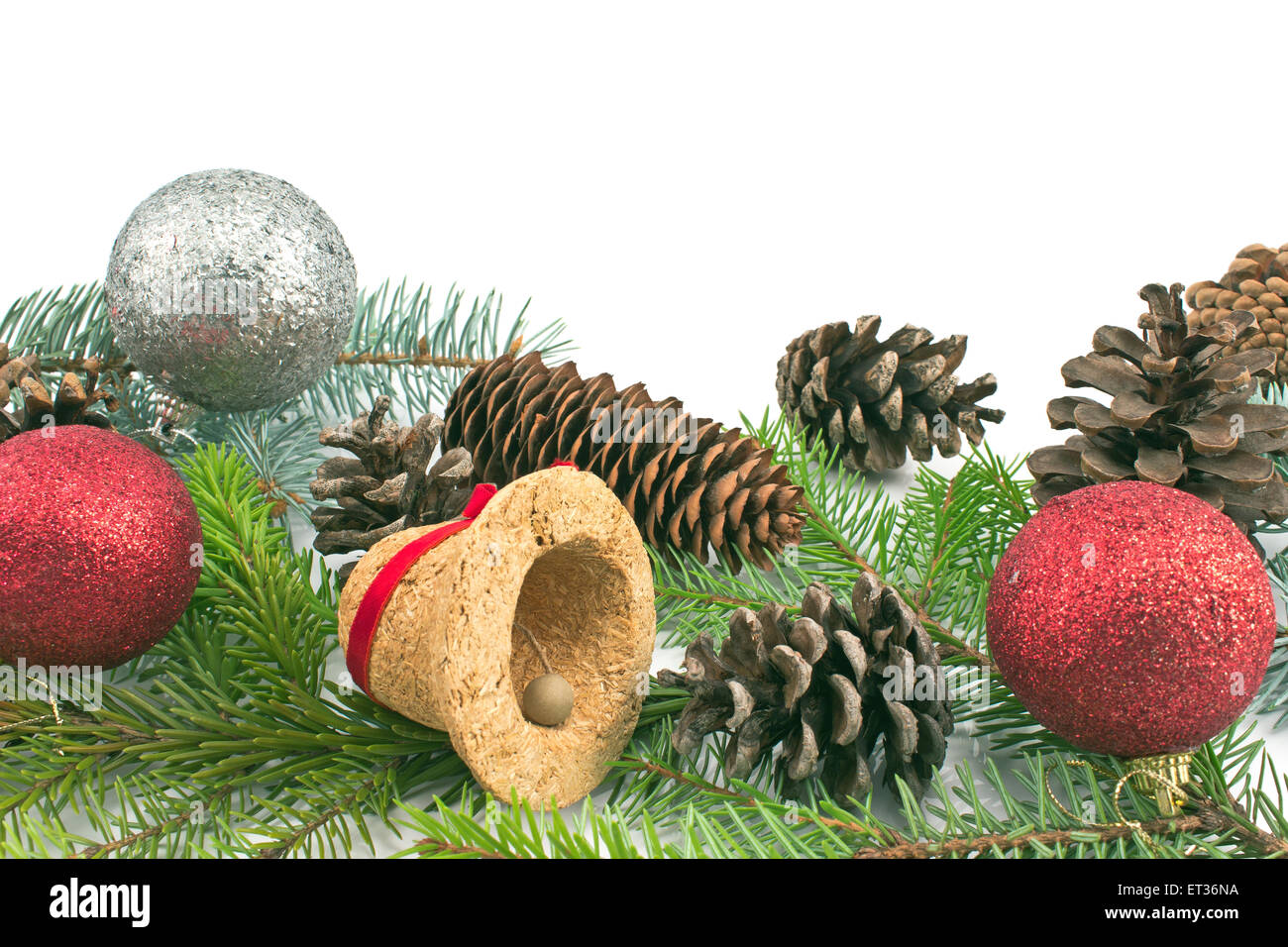 Pine cones, needles and Christmas balls  on white background Stock Photo