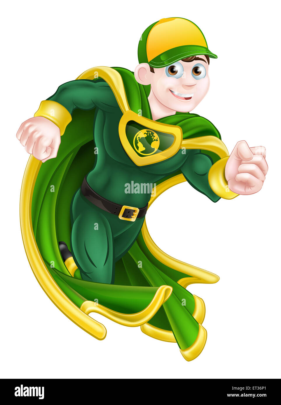 Cartoon super hero character in green and yellow running in a cape and costume and with an earth globe symbol on his chest Stock Photo