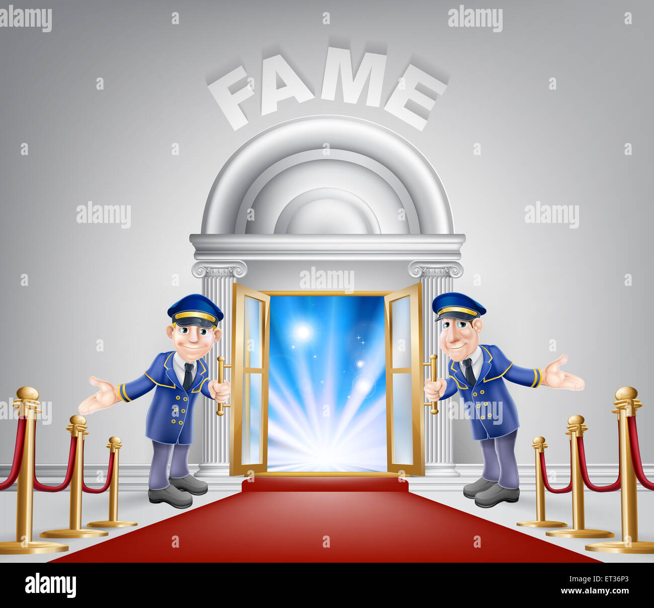Fame door concept of a doormen holding open a door at a red carpet entrance with velvet ropes. Stock Photo