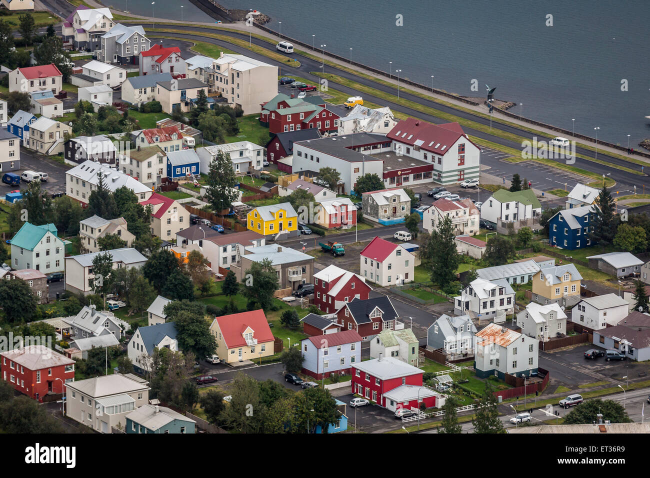 Aerial of houses Akureyri, Iceland Stock Photo