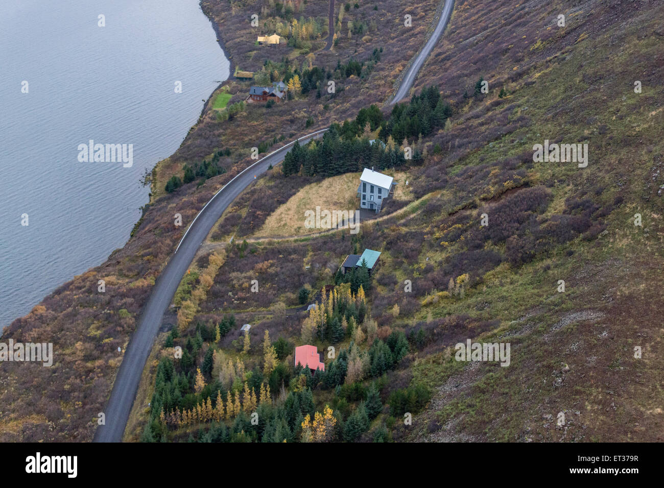 Aerial of road and homes, Lake Thingvellir, Thingvellir National Park, Iceland Stock Photo