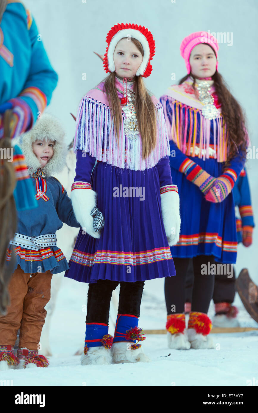 Arctic Circle, Lapland, Scandinavia, Sweden, Jokkmokk, Sami people at winter festival Stock Photo