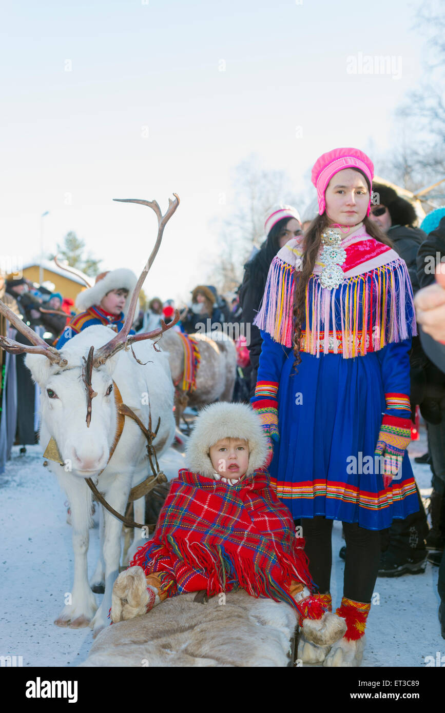 Arctic Circle, Lapland, Scandinavia, Sweden, Jokkmokk, Sami people at winter festival Stock Photo
