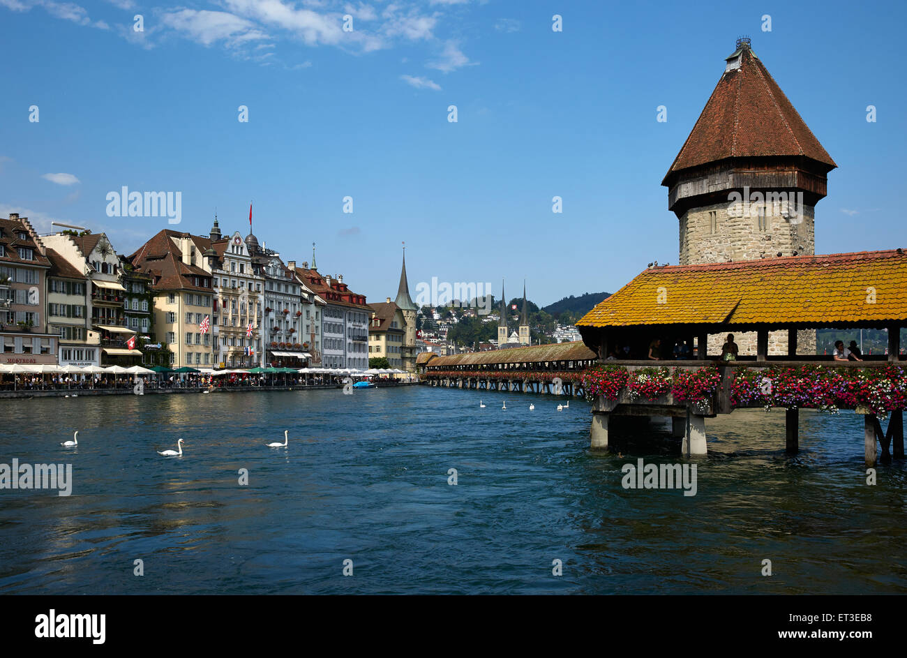 Lucerne, Switzerland, Chapel Bridge and Water Tower in Reuss Stock Photo