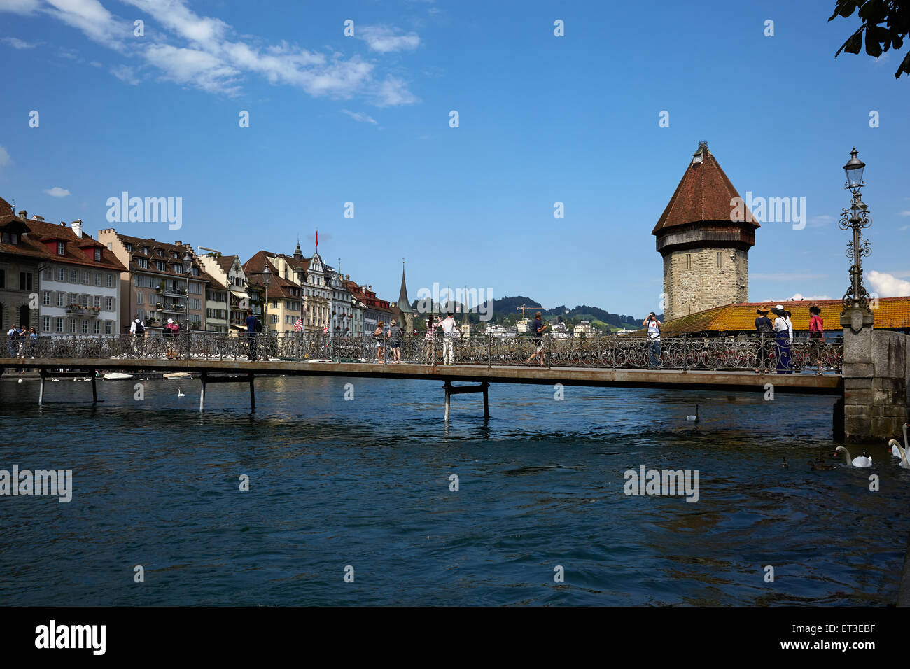 Lucerne, Switzerland, Rathaussteg, Chapel Bridge and Water Tower in Reuss Stock Photo