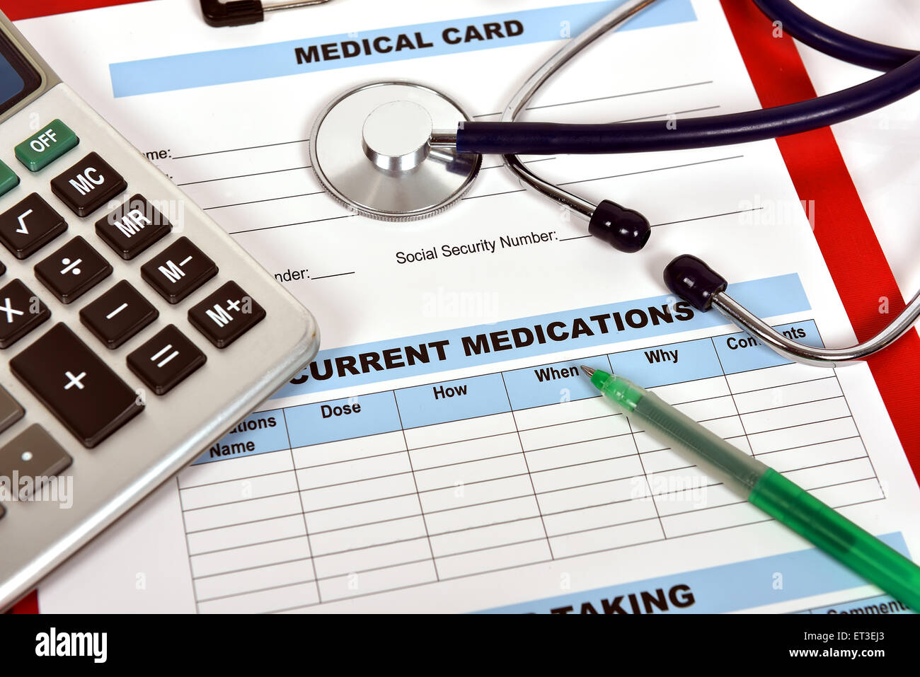 clipboard with medical form and stethoscope, close up Stock Photo