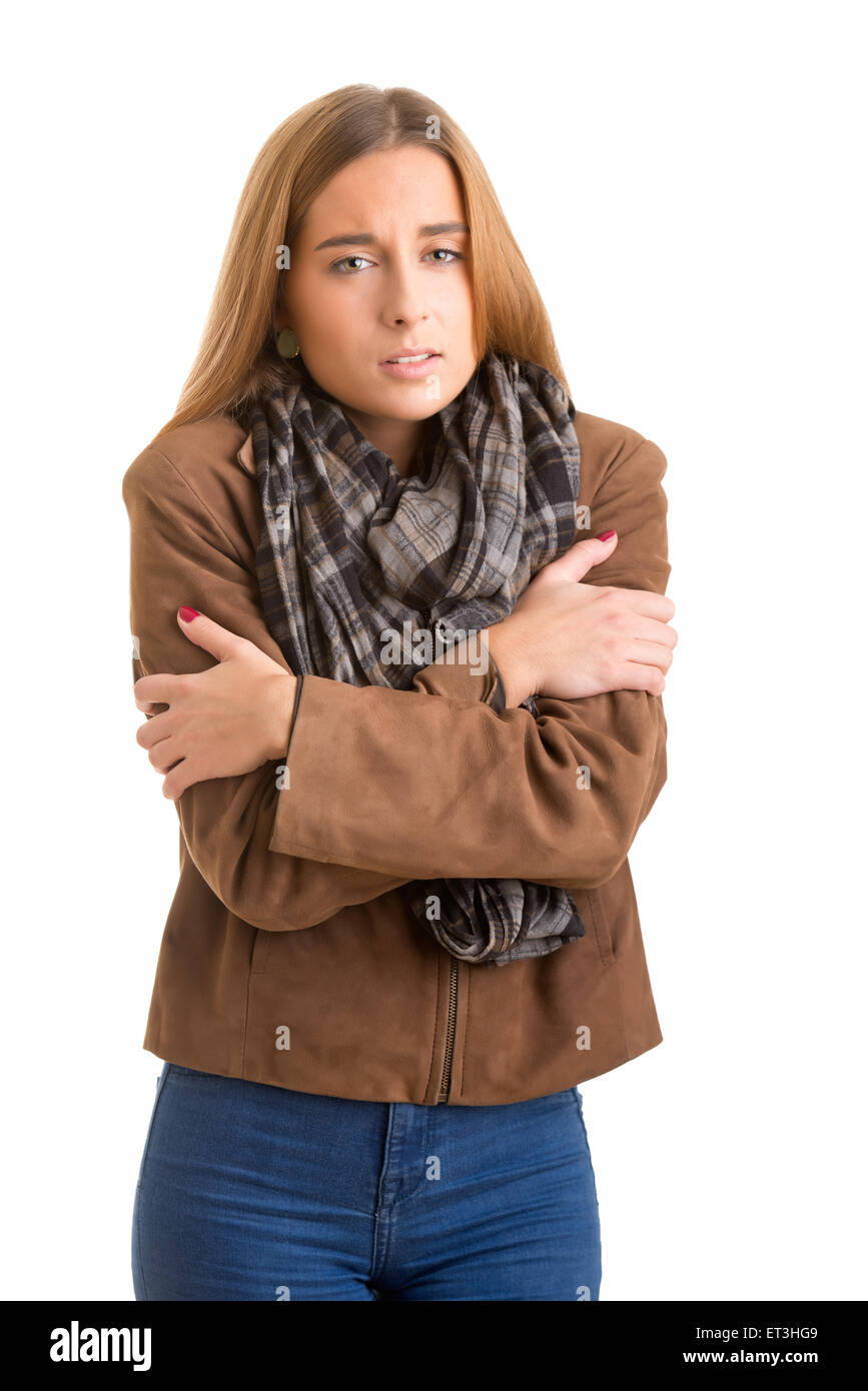 Woman feeling cold, isolated in white Stock Photo