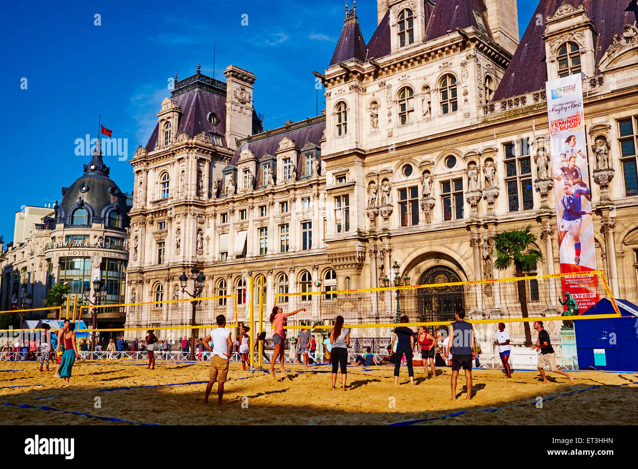 France, Paris, Hotel de Ville, the City Hall of Paris, Paris plage (beach in Paris) every summer Stock Photo