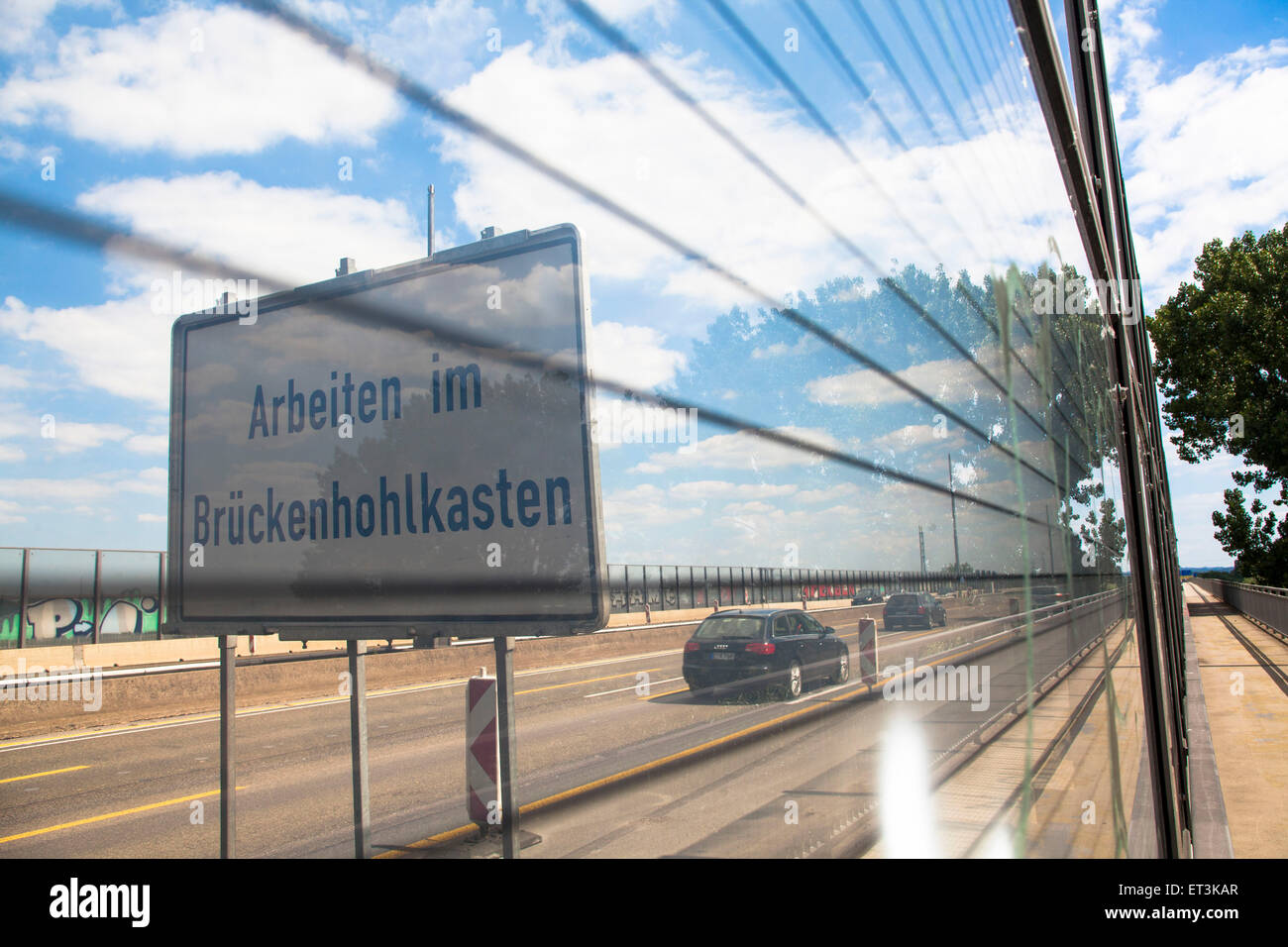 Europe, Germany, Cologne, the Rhine bridge of the Autobahn A1 between Cologne and Leverkusen. Looking through the glass noise ba Stock Photo