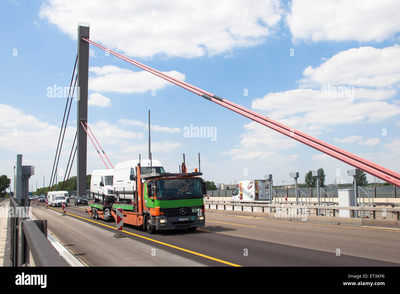 Europe, Germany, Cologne, truck on the river Rhine bridge of the Autobahn A1 between Cologne and Leverkusen. Due to massive dama Stock Photo